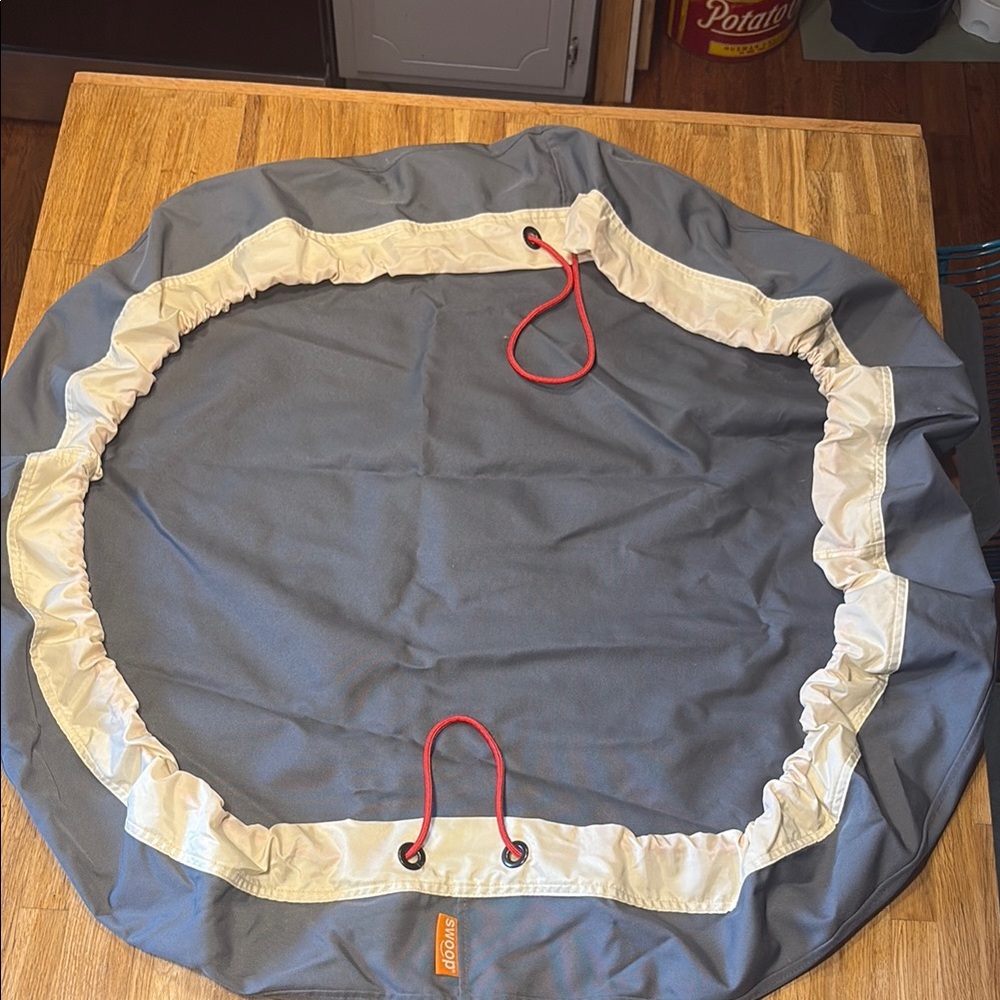 Large Swoop Storage Bag Gray and Cream with Red Drawstring